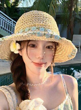 草编花朵草帽女大帽檐夏季海边度假沙滩显脸小可折叠遮阳防晒帽子