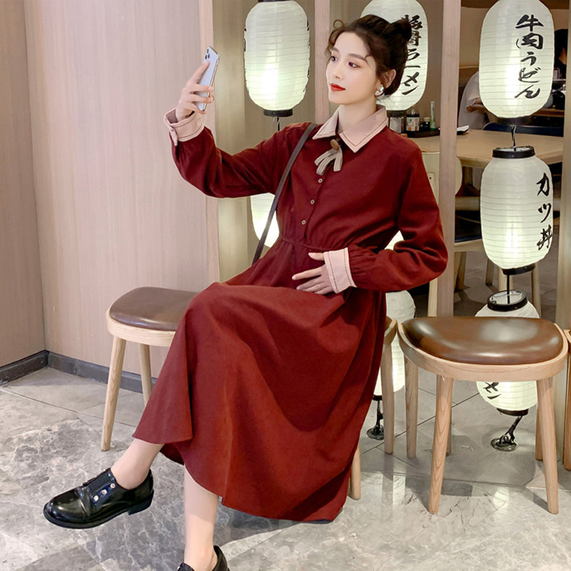 孕妇秋装气质翻领灯芯绒秋冬连衣裙 纤妃诗连衣裙