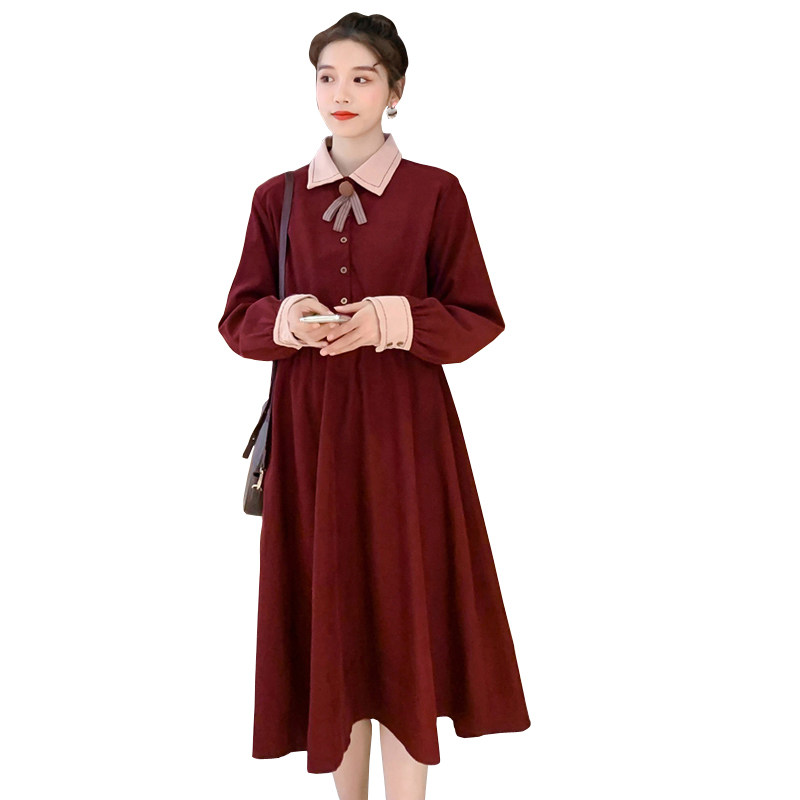 孕妇秋装气质翻领灯芯绒秋冬连衣裙 纤妃诗连衣裙