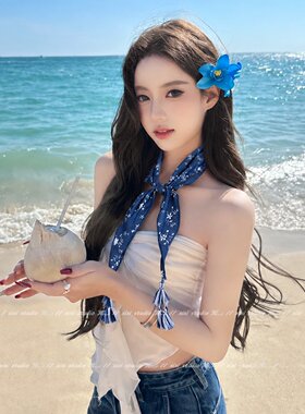 度假蓝色碎花流苏系脖丝巾项链