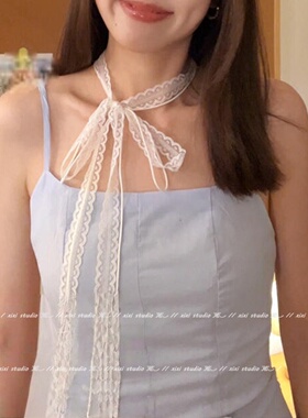 法式优雅高级感白色蕾丝飘带项链
