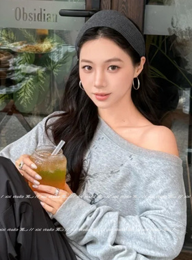 灰色针织宽边发箍压发头箍发卡