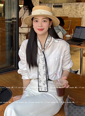 法式气质白色花卉长条丝巾女领巾
