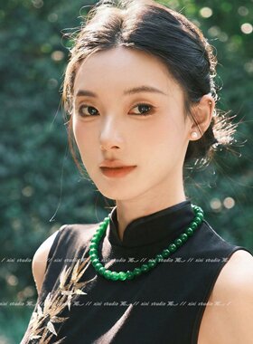国风祖母绿色串珠项链气质锁骨链
