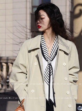 法式白色条纹丝巾女系脖长条丝带