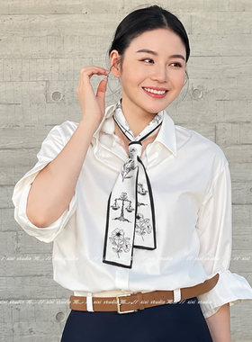 通勤风白色花卉长条系脖丝巾领巾