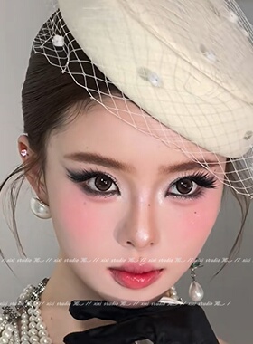 赫本风白色蝴蝶结珍珠网纱礼帽女