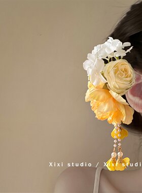 黄色流苏花朵发夹女侧边夹发卡