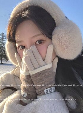 灰色可触屏手套半指五指含羊毛女