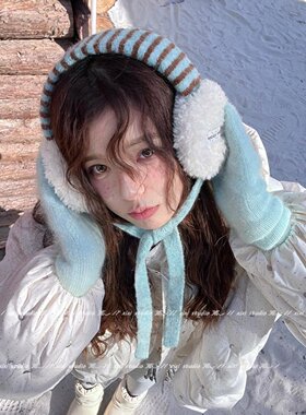 少女感湖蓝色防寒耳罩甜妹穿搭