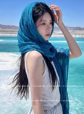 海边湖蓝色印花长条丝巾项链新款