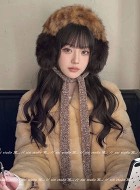 韩版时尚灰色豹纹毛绒系带耳套女