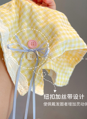 奶黄格蕾丝蝴蝶结大肠发圈新款