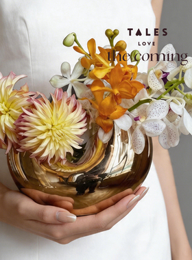 Thecoming花瓶花器插花鲜花艺术元宝双口瓶陶瓷花瓶装饰摆件礼物
