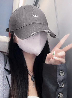 宽帽檐棒球帽女韩系大头围破洞做旧复古美式帽子显脸小灰色鸭舌帽