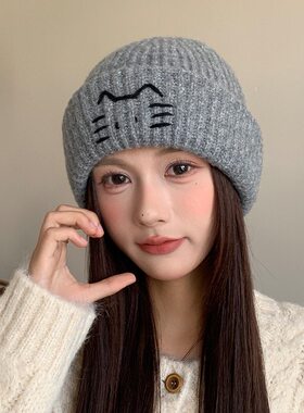 手工猫耳朵毛绒绒针织女保暖百搭毛线帽显脸小护耳帽可爱时尚潮