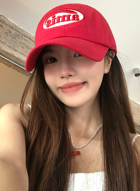 韩国ins红色棒球帽女夏季百搭大头围显脸小软顶帽子潮遮阳鸭舌帽