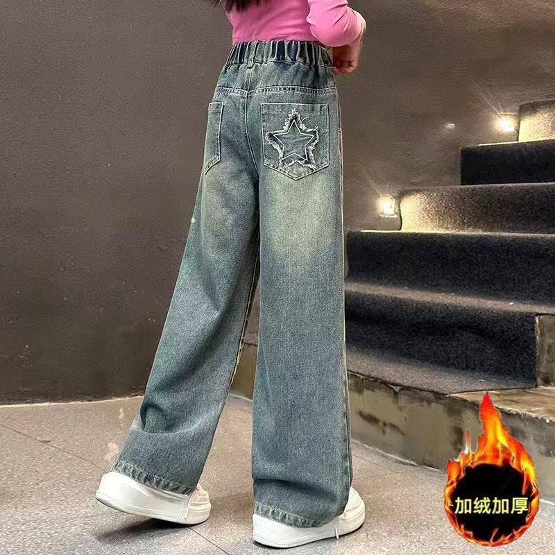 安阳童装女童加绒加厚牛仔裤2025新款洋气时髦冬装休闲阔腿裤中学-图2