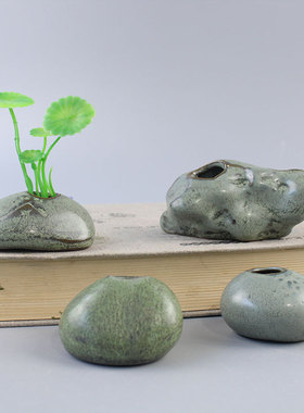 陶瓷小花瓶仿青铜釉复古创意家居摆件迷你粗陶小花插水培小花器
