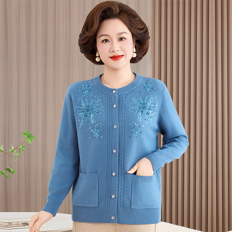 红色刺绣妈妈装针织开衫女上衣春秋新款中老年本命年洋气毛衣外套,淘宝优惠券,粉丝福利购,淘宝优惠卷
