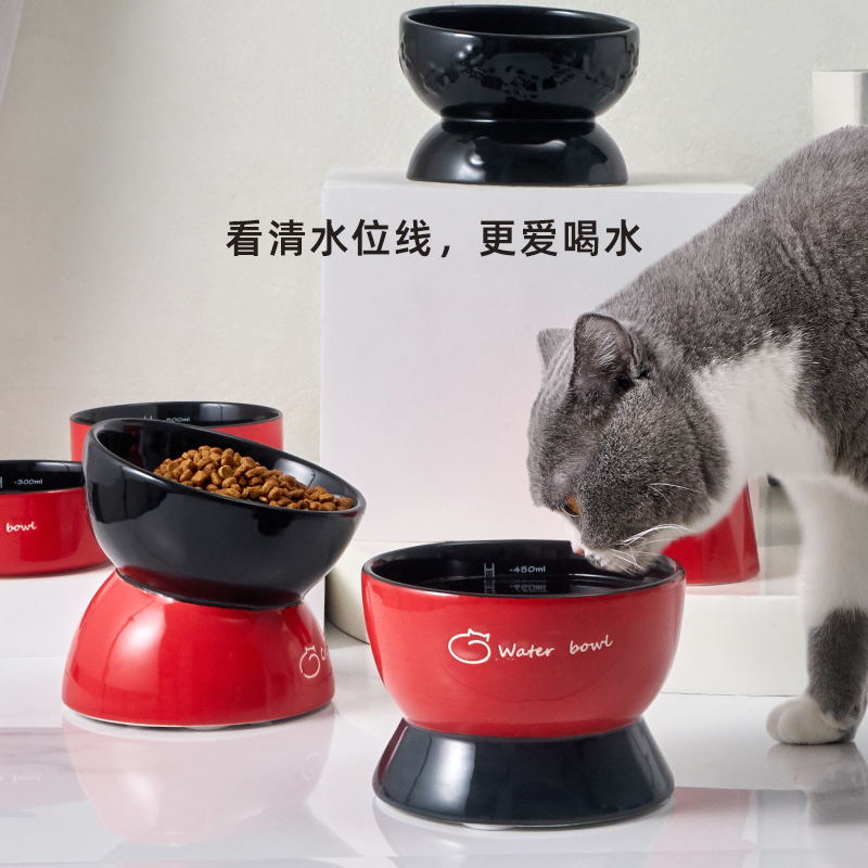 hocc黑色猫咪水碗陶瓷宠物碗猫用黑碗食盆斜口饭碗高脚防打翻护颈-图1