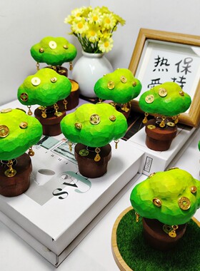 木雕摇钱树手工木雕发财树Q版财运实木桌面摆件车载摆件摇头晃脑