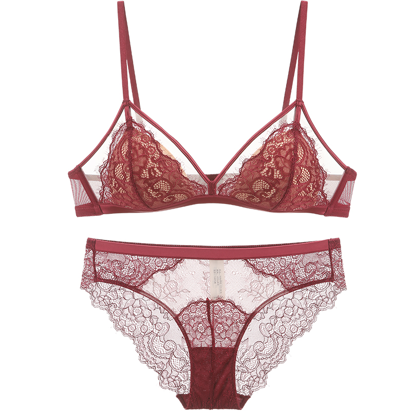 法式三角杯女套装蕾丝聚拢夏薄款 隐萱文胸