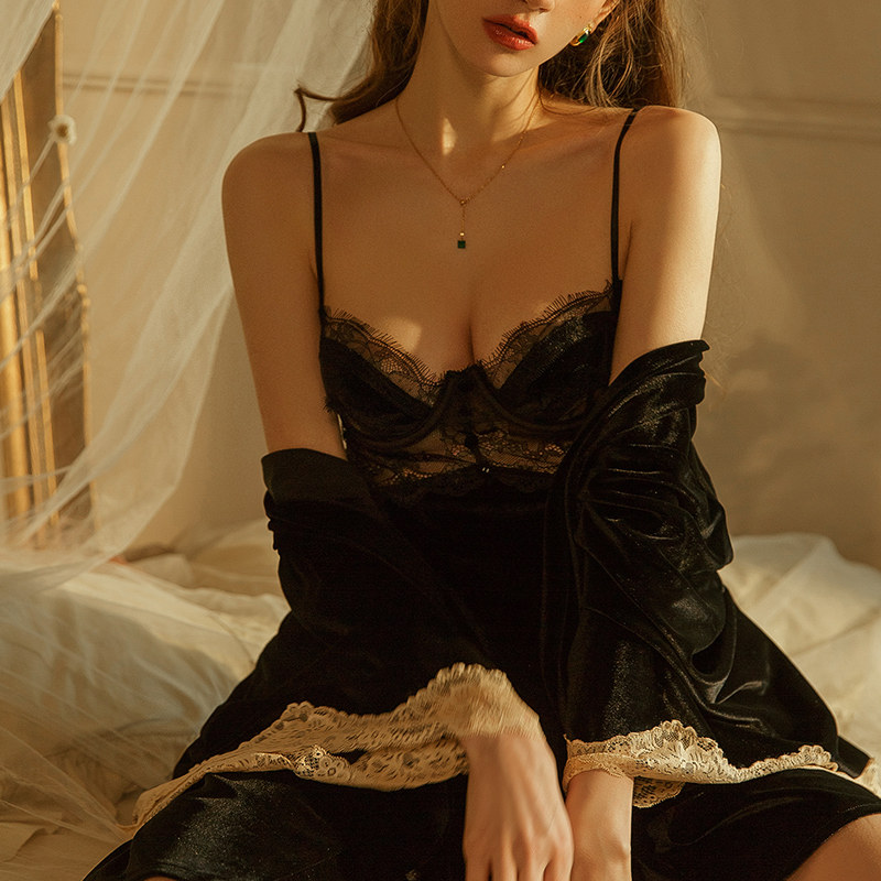 性感蕾丝镂空春秋聚拢带钢圈冬睡裙 隐萱睡衣/家居服套装