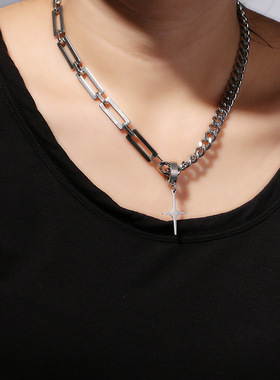 小众设计ins简约冷淡风欧美不锈钢项链耳钉项链两用锁骨链脖配饰