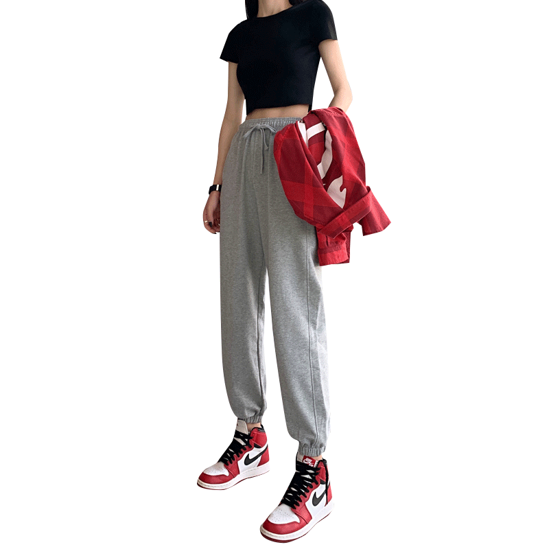 善狼恒美旗舰店灰色运动裤女宽松束脚裤秋冬季显瘦百搭新款卫裤ins潮休闲裤3