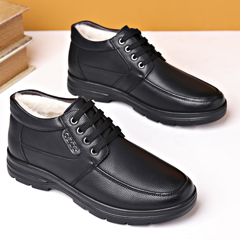 劲步男鞋棉鞋冬季加绒保暖防滑休闲中年爸爸棉鞋皮毛一体雪地靴 - 图0