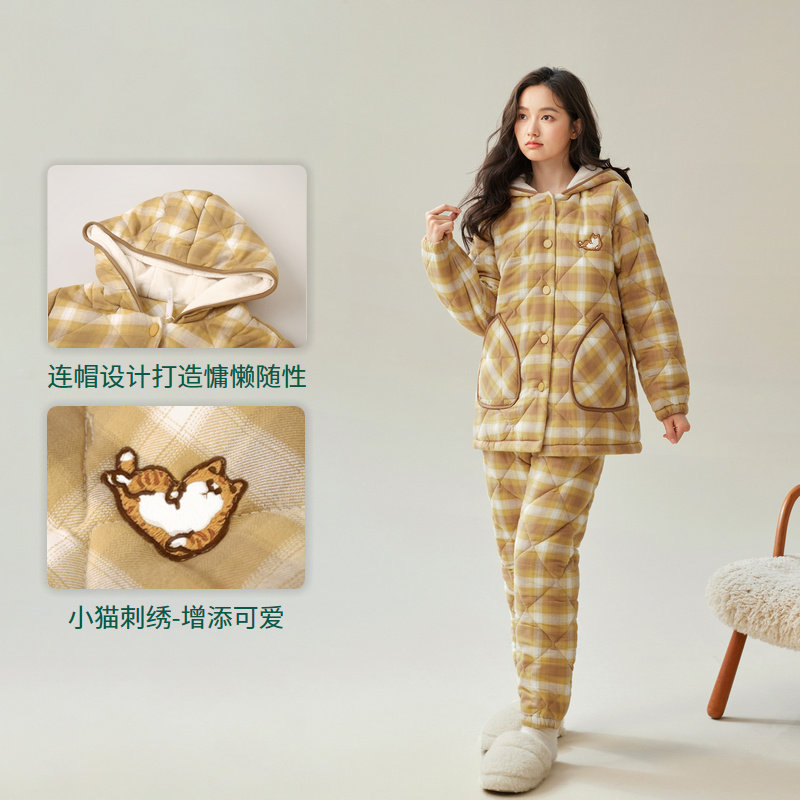 安之伴三层磨毛纯棉夹棉睡衣女冬季加厚连帽保暖珊瑚绒格子家居服,淘宝优惠券,粉丝福利购,淘宝优惠卷