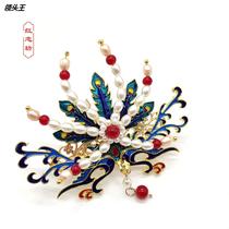 Ancient Wind Han Clothing Ornament Jingtai Blue Red Building Dream Pearl Phoenix Head Crown Burning Blue Rear Pressure Fine Classic Flying Pineal