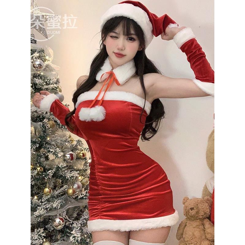 朵蜜拉圣诞装修身短款连衣裙丝绒女主播cosplay万圣节演出服定做
