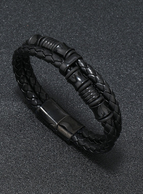 新品电商热销款黑色皮绳男士双层皮革编织手链手工多层皮手镯手环