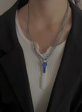 hiphop高街中性嘻哈蓝色钥匙吊坠项链ins冷淡风街头潮酷毛衣链男