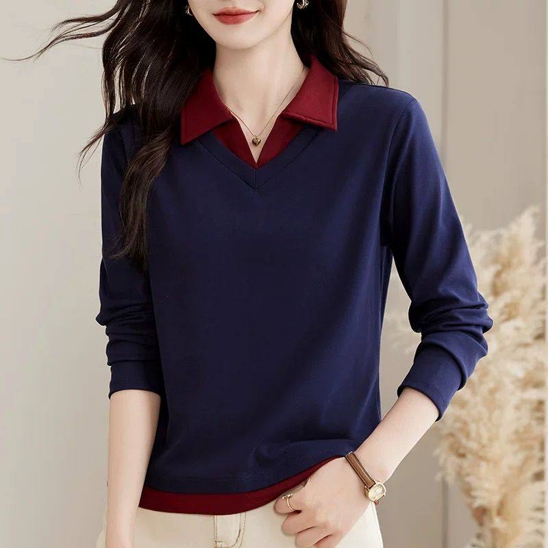 春秋大码polo假两件长袖t恤女新款翻领显瘦中年妈妈洋气减龄上衣,淘宝优惠券,粉丝福利购,淘宝优惠卷