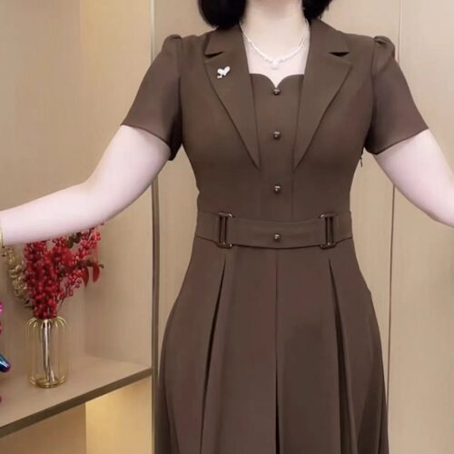 大码妈妈装夏装连衣裙西装领中老年女装高贵洋气收腰裙子2025新款 - 图3