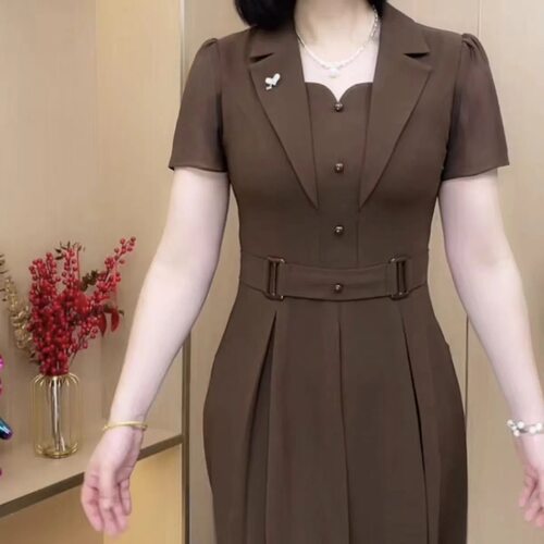 大码妈妈装夏装连衣裙西装领中老年女装高贵洋气收腰裙子2025新款 - 图2