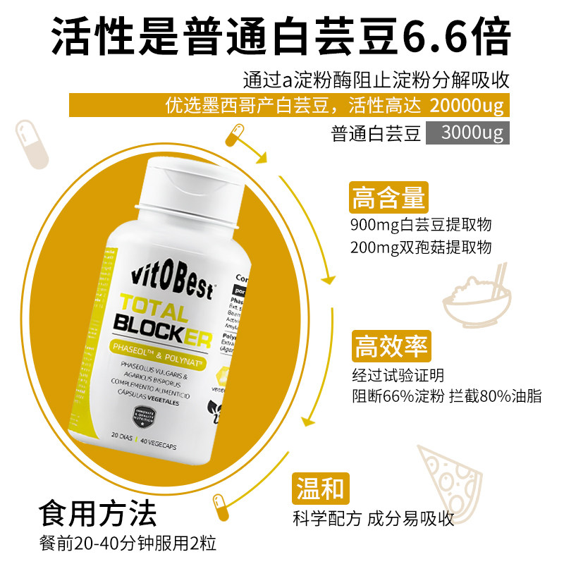 Vitobest碳水全阻断剂白芸豆提取物双孢菇餐前阻隔脂肪抗糖阻糖,淘宝优惠券,粉丝福利购,淘宝优惠卷