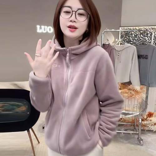 冬季新款双面绒保暖舒适休闲百搭加绒加厚连帽外套女防风开衫上衣 - 图0