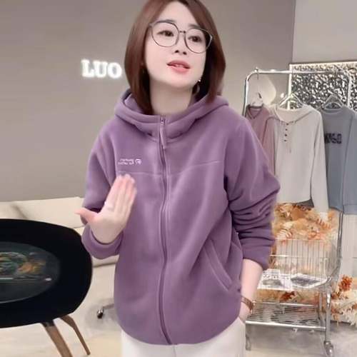 冬季新款双面绒保暖舒适休闲百搭加绒加厚连帽外套女防风开衫上衣 - 图1