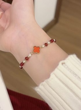 「幸运四叶草」法式复古红色玛瑙手链轻奢高级感新年送闺蜜手饰