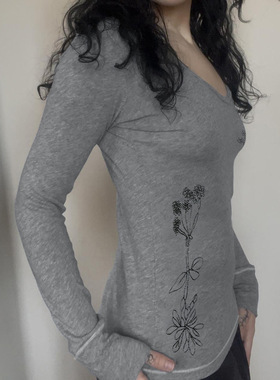 Spicy girl gray base shirt秋季辣妹风V领长袖T恤灰色打底衫上衣