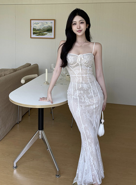 Lace tied fishtail skirt白色吊带连衣裙夏蕾丝收腰鱼尾包臀长裙