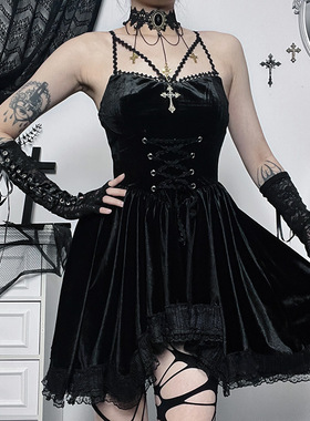 Halloween Velvet Strap Dress万圣节红色裙子绒面绑带收腰连衣裙