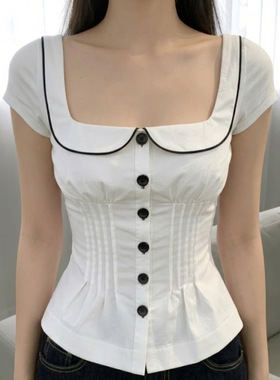 College style white women's shirt 学院风娃娃领白色T恤女衬衫