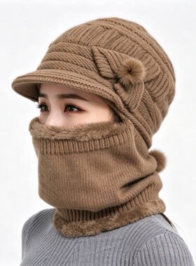 帽子女冬中老年人妈妈加绒连体一体帽围脖奶奶骑车保暖防风毛线帽
