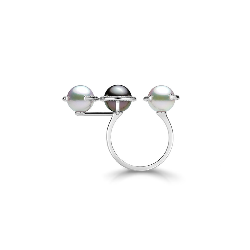 LynnHaven SKY Parallel Universe Akoya Tahitian Black Pearl Ring 18K Gold Diamond Ring