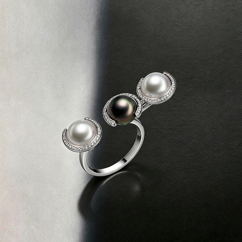 LynnHaven SKY Parallel Universe Akoya Tahitian Black Pearl Ring 18K Gold Diamond Ring